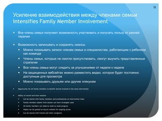 32


Усиление взаимодействия между членами семьи
Intensifies Family Member Involvement
   Все члены семьи получают возможность участвовать и получать пользу от ранней
    терапии

   Возможность записывать и сохранять сеансы
         Можно показывать записи членам семьи и специалистам, работающим с ребенком
          как команда
         Члены семьи, которые не смогли присутствовать, смогут выучить представленные
          стратегии
         Все члены семьи могут следить за улучшениями от недели к неделе
         На защищенных вебсайтах можно разместить видео, которое будет постоянно
          доступным для просмотра
         Можно показывать друзьям или другим опекунам

   Opportunity for all family members to benefit and be involved in the early intervention


   Ability to record and store sessions
         Can be shared with family members and professionals on intervention team
         Family members absent from session can learn strategies used
         All family members can observe week to week progress
         Videos can be posted on secure website for ongoing access
         Can be shared with friends and other caregivers
 
