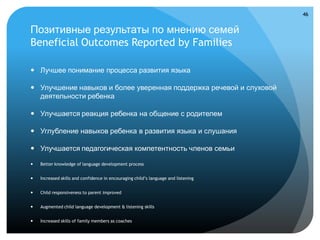 46


Позитивные результаты по мнению семей
Beneficial Outcomes Reported by Families

 Лучшее понимание процесса развития языка

 Улучшение навыков и более уверенная поддержка речевой и слуховой
  деятельности ребенка

 Улучшается реакция ребенка на общение с родителем

 Углубление навыков ребенка в развития языка и слушания

 Улучшается педагогическая компетентность членов семьи

   Better knowledge of language development process


   Increased skills and confidence in encouraging child’s language and listening


   Child responsiveness to parent improved


   Augmented child language development & listening skills


   Increased skills of family members as coaches
 