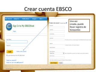 Crear cuenta EBSCO
8/29/2011 Prof. Edith M. Torres 14
Una vez
creada, puede
llevar registro de
búsquedas
 