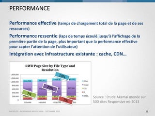 PERFORMANCE
Performance effective (temps de chargement total de la page et de ses
ressources)

Performance ressentie (laps de temps écoulé jusqu’à l’affichage de la
première partie de la page, plus important que la performance effective
pour capter l’attention de l’utilisateur)

Intégration avec infrastructure existante : cache, CDN…

Source : Etude Akamai menée sur
500 sites Responsive mi-2013
BACKELITE - RESPONSIVE WEB DESIGN - DÉCEMBRE 2013

11

 