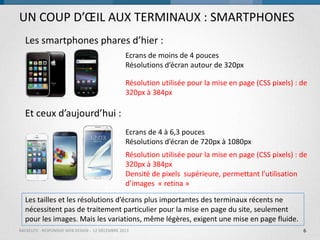 UN COUP D’ŒIL AUX TERMINAUX : SMARTPHONES
Les smartphones phares d’hier :
Ecrans de moins de 4 pouces
Résolutions d’écran autour de 320px

Résolution utilisée pour la mise en page (CSS pixels) : de
320px à 384px

Et ceux d’aujourd’hui :
Ecrans de 4 à 6,3 pouces
Résolutions d’écran de 720px à 1080px
Résolution utilisée pour la mise en page (CSS pixels) : de
320px à 384px
Densité de pixels supérieure, permettant l’utilisation
d’images « retina »
Les tailles et les résolutions d’écrans plus importantes des terminaux récents ne
nécessitent pas de traitement particulier pour la mise en page du site, seulement
pour les images. Mais les variations, même légères, exigent une mise en page fluide.
BACKELITE - RESPONSIVE WEB DESIGN - 12 DÉCEMBRE 2013

6

 