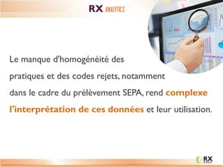 Le manque d'homogénéité des pratiques et des codes rejets, notamment dans le cadre du prélèvement SEPA, rend complexe l'interprétation de ces données et leur utilisation. 
RX ANALYTICS  