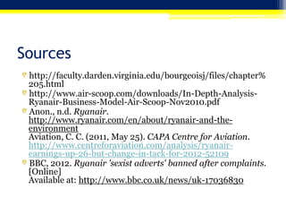 Sources
http://faculty.darden.virginia.edu/bourgeoisj/files/chapter%
205.html
http://www.air-scoop.com/downloads/In-Depth-AnalysisRyanair-Business-Model-Air-Scoop-Nov2010.pdf
Anon., n.d. Ryanair.
http://www.ryanair.com/en/about/ryanair-and-theenvironment
Aviation, C. C. (2011, May 25). CAPA Centre for Aviation.
http://www.centreforaviation.com/analysis/ryanairearnings-up-26-but-change-in-tack-for-2012-52109
BBC, 2012. Ryanair 'sexist adverts' banned after complaints.
[Online]
Available at: http://www.bbc.co.uk/news/uk-17036830

 