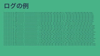 ログの例
0,tcp,http,SF,181,5450,0,0,0,0,0,1,0,0,0,0,0,0,0,0,0,0,8,8,0.00,0.00,0.00,0.00,1.00,0.00,0.00,9,9,1.00,0.00,0.11,0.00,0.00,0.00,0.00,0.00,normal.
0,tcp,http,SF,239,486,0,0,0,0,0,1,0,0,0,0,0,0,0,0,0,0,8,8,0.00,0.00,0.00,0.00,1.00,0.00,0.00,19,19,1.00,0.00,0.05,0.00,0.00,0.00,0.00,0.00,normal.
0,tcp,http,SF,235,1337,0,0,0,0,0,1,0,0,0,0,0,0,0,0,0,0,8,8,0.00,0.00,0.00,0.00,1.00,0.00,0.00,29,29,1.00,0.00,0.03,0.00,0.00,0.00,0.00,0.00,normal.
0,tcp,http,SF,219,1337,0,0,0,0,0,1,0,0,0,0,0,0,0,0,0,0,6,6,0.00,0.00,0.00,0.00,1.00,0.00,0.00,39,39,1.00,0.00,0.03,0.00,0.00,0.00,0.00,0.00,normal.
0,tcp,http,SF,217,2032,0,0,0,0,0,1,0,0,0,0,0,0,0,0,0,0,6,6,0.00,0.00,0.00,0.00,1.00,0.00,0.00,49,49,1.00,0.00,0.02,0.00,0.00,0.00,0.00,0.00,normal.
0,tcp,http,SF,217,2032,0,0,0,0,0,1,0,0,0,0,0,0,0,0,0,0,6,6,0.00,0.00,0.00,0.00,1.00,0.00,0.00,59,59,1.00,0.00,0.02,0.00,0.00,0.00,0.00,0.00,normal.
0,tcp,http,SF,212,1940,0,0,0,0,0,1,0,0,0,0,0,0,0,0,0,0,1,2,0.00,0.00,0.00,0.00,1.00,0.00,1.00,1,69,1.00,0.00,1.00,0.04,0.00,0.00,0.00,0.00,normal.
0,tcp,http,SF,159,4087,0,0,0,0,0,1,0,0,0,0,0,0,0,0,0,0,5,5,0.00,0.00,0.00,0.00,1.00,0.00,0.00,11,79,1.00,0.00,0.09,0.04,0.00,0.00,0.00,0.00,normal.
0,tcp,http,SF,210,151,0,0,0,0,0,1,0,0,0,0,0,0,0,0,0,0,8,8,0.00,0.00,0.00,0.00,1.00,0.00,0.00,8,89,1.00,0.00,0.12,0.04,0.00,0.00,0.00,0.00,normal.
0,tcp,http,SF,212,786,0,0,0,1,0,1,0,0,0,0,0,0,0,0,0,0,8,8,0.00,0.00,0.00,0.00,1.00,0.00,0.00,8,99,1.00,0.00,0.12,0.05,0.00,0.00,0.00,0.00,normal.
0,tcp,http,SF,210,624,0,0,0,0,0,1,0,0,0,0,0,0,0,0,0,0,18,18,0.00,0.00,0.00,0.00,1.00,0.00,0.00,18,109,1.00,0.00,0.06,0.05,0.00,0.00,0.00,0.00,normal.
0,tcp,http,SF,177,1985,0,0,0,0,0,1,0,0,0,0,0,0,0,0,0,0,1,1,0.00,0.00,0.00,0.00,1.00,0.00,0.00,28,119,1.00,0.00,0.04,0.04,0.00,0.00,0.00,0.00,normal.
0,tcp,http,SF,222,773,0,0,0,0,0,1,0,0,0,0,0,0,0,0,0,0,11,11,0.00,0.00,0.00,0.00,1.00,0.00,0.00,38,129,1.00,0.00,0.03,0.04,0.00,0.00,0.00,0.00,normal.
0,tcp,http,SF,256,1169,0,0,0,0,0,1,0,0,0,0,0,0,0,0,0,0,4,4,0.00,0.00,0.00,0.00,1.00,0.00,0.00,4,139,1.00,0.00,0.25,0.04,0.00,0.00,0.00,0.00,normal.
0,tcp,http,SF,241,259,0,0,0,0,0,1,0,0,0,0,0,0,0,0,0,0,1,1,0.00,0.00,0.00,0.00,1.00,0.00,0.00,14,149,1.00,0.00,0.07,0.04,0.00,0.00,0.00,0.00,normal.
0,tcp,http,SF,260,1837,0,0,0,0,0,1,0,0,0,0,0,0,0,0,0,0,11,11,0.00,0.00,0.00,0.00,1.00,0.00,0.00,24,159,1.00,0.00,0.04,0.04,0.00,0.00,0.00,0.00,normal.
0,tcp,http,SF,241,261,0,0,0,0,0,1,0,0,0,0,0,0,0,0,0,0,2,2,0.00,0.00,0.00,0.00,1.00,0.00,0.00,34,169,1.00,0.00,0.03,0.04,0.00,0.00,0.00,0.00,normal.
0,tcp,http,SF,257,818,0,0,0,0,0,1,0,0,0,0,0,0,0,0,0,0,12,12,0.00,0.00,0.00,0.00,1.00,0.00,0.00,44,179,1.00,0.00,0.02,0.03,0.00,0.00,0.00,0.00,normal.
0,tcp,http,SF,233,255,0,0,0,0,0,1,0,0,0,0,0,0,0,0,0,0,2,8,0.00,0.00,0.00,0.00,1.00,0.00,0.25,54,189,1.00,0.00,0.02,0.03,0.00,0.00,0.00,0.00,normal.
0,tcp,http,SF,233,504,0,0,0,0,0,1,0,0,0,0,0,0,0,0,0,0,7,7,0.00,0.00,0.00,0.00,1.00,0.00,0.00,64,199,1.00,0.00,0.02,0.03,0.00,0.00,0.00,0.00,normal.
0,tcp,http,SF,256,1273,0,0,0,0,0,1,0,0,0,0,0,0,0,0,0,0,17,17,0.00,0.00,0.00,0.00,1.00,0.00,0.00,74,209,1.00,0.00,0.01,0.03,0.00,0.00,0.00,0.00,normal.
0,tcp,http,SF,234,255,0,0,0,0,0,1,0,0,0,0,0,0,0,0,0,0,5,5,0.00,0.00,0.00,0.00,1.00,0.00,0.00,84,219,1.00,0.00,0.01,0.03,0.00,0.00,0.00,0.00,normal.
0,tcp,http,SF,241,259,0,0,0,0,0,1,0,0,0,0,0,0,0,0,0,0,12,12,0.00,0.00,0.00,0.00,1.00,0.00,0.00,94,229,1.00,0.00,0.01,0.03,0.00,0.00,0.00,0.00,normal.
0,tcp,http,SF,239,968,0,0,0,0,0,1,0,0,0,0,0,0,0,0,0,0,3,3,0.00,0.00,0.00,0.00,1.00,0.00,0.00,3,239,1.00,0.00,0.33,0.03,0.00,0.00,0.00,0.00,normal.
0,tcp,http,SF,245,1919,0,0,0,0,0,1,0,0,0,0,0,0,0,0,0,0,13,13,0.00,0.00,0.00,0.00,1.00,0.00,0.00,13,249,1.00,0.00,0.08,0.03,0.00,0.00,0.00,0.00,normal.
0,tcp,http,SF,248,2129,0,0,0,0,0,1,0,0,0,0,0,0,0,0,0,0,23,23,0.00,0.00,0.00,0.00,1.00,0.00,0.00,23,255,1.00,0.00,0.04,0.03,0.00,0.00,0.00,0.00,normal.
 