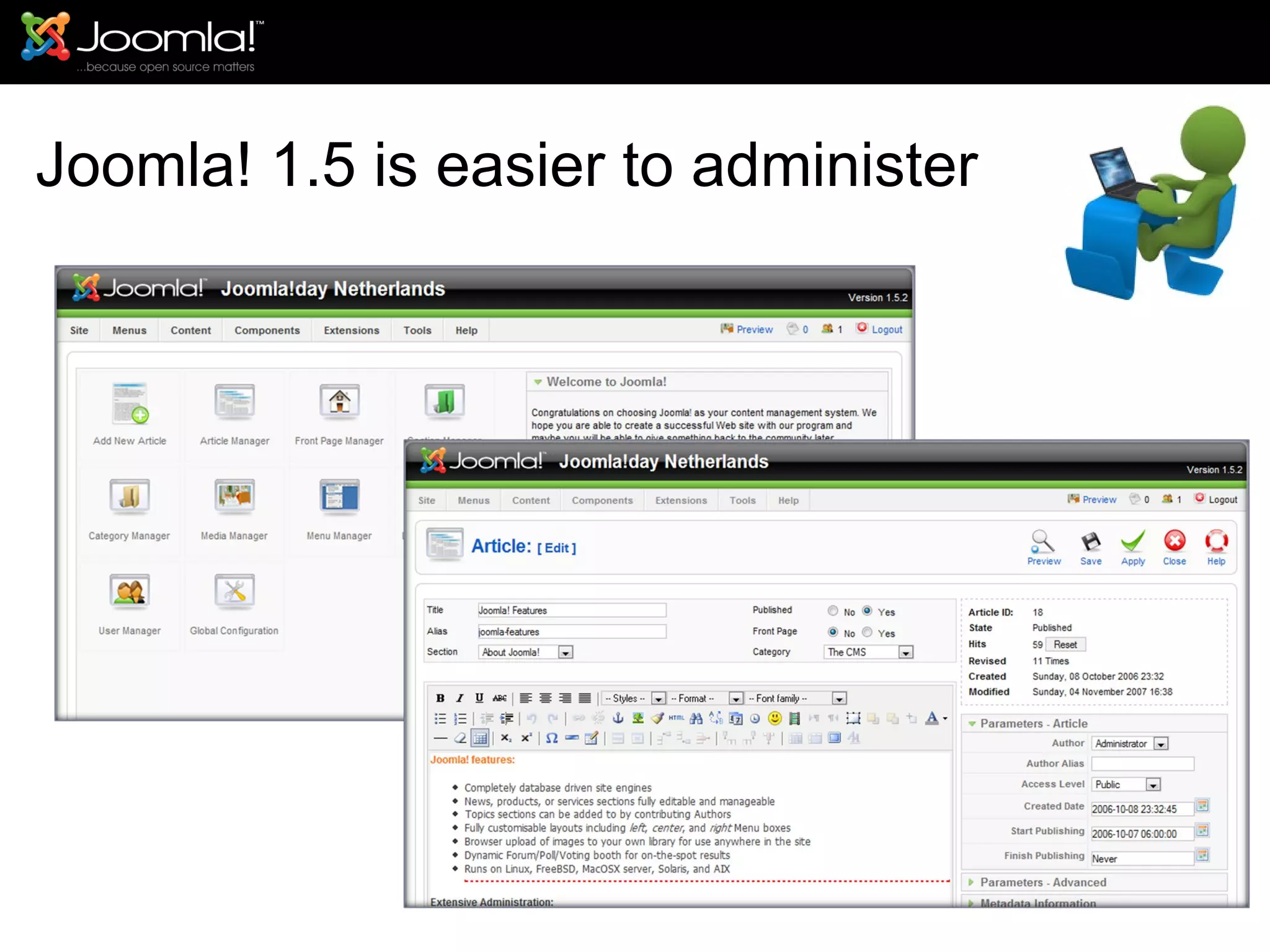 Joomla! 1.5 is easier to administer 