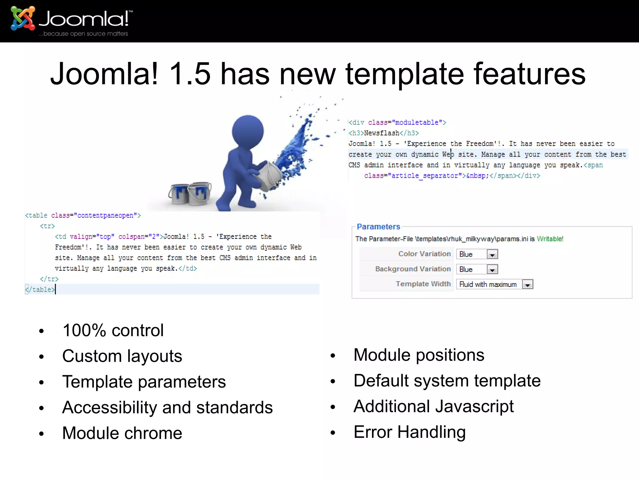 Joomla! 1.5 has new template features 100% control Custom layouts Template parameters Accessibility and standards Module chrome Module positions Default system template Additional Javascript Error Handling 