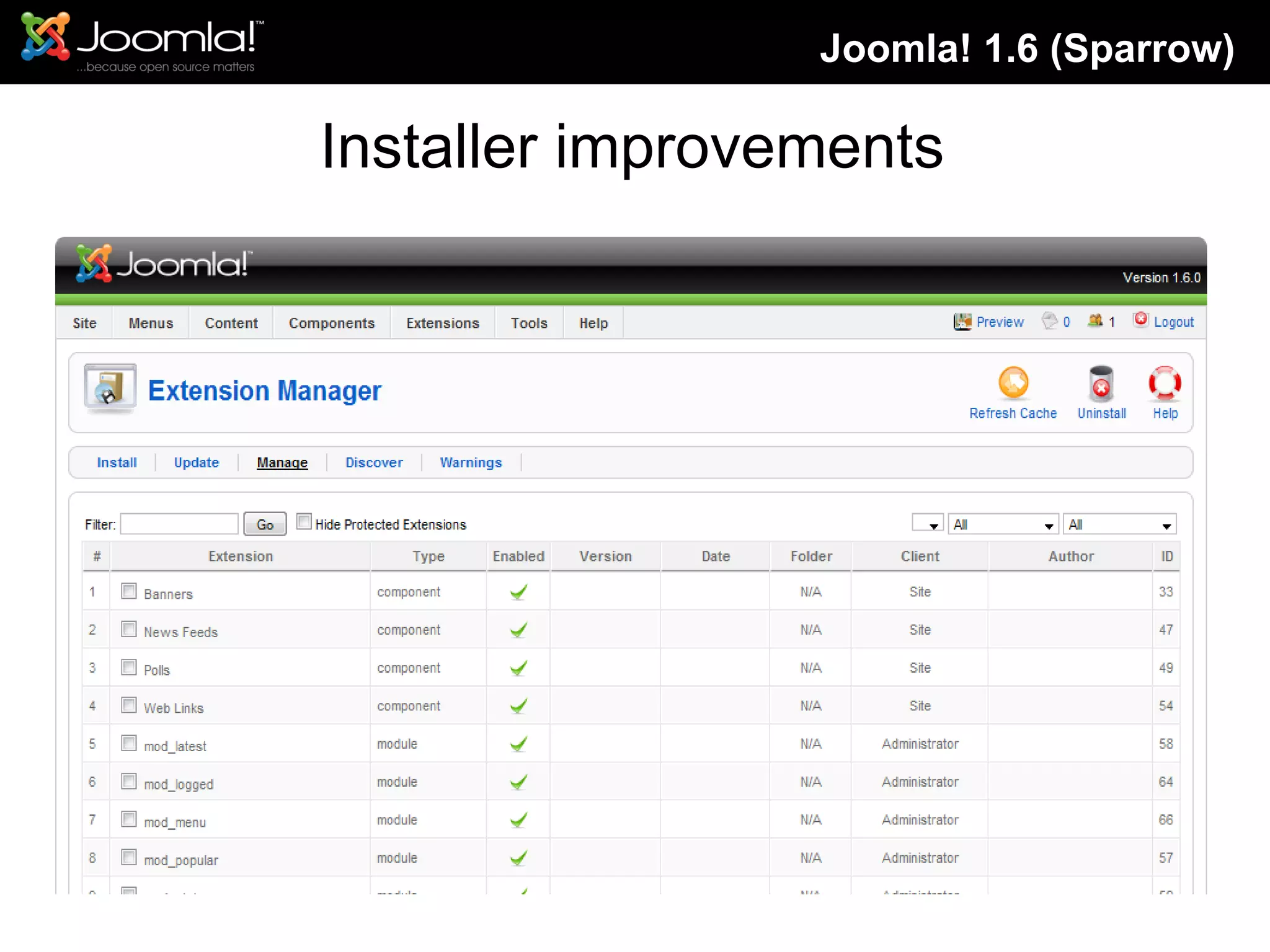 Installer improvements Joomla! 1.6 (Sparrow) 