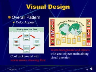 Visual Design Overall Pattern Color Appeal Cool background with warm arrows showing flow Warm background and objects with cool objects maintaining visual attention 