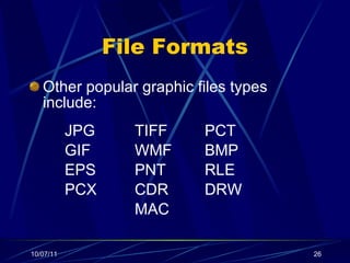 File Formats Other popular graphic files types include: JPG TIFF PCT GIF WMF BMP EPS PNT RLE PCX CDR DRW MAC 
