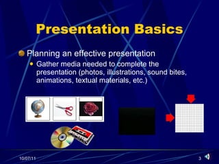 Presentation Basics Planning an effective presentation Gather media needed to complete the presentation (photos, illustrations, sound bites, animations, textual materials, etc.) 
