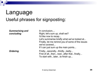 Language Useful phrases for signposting: Firstly...secondly...thirdly...lastly... First of all...then...next...after that...finally... To start with...later...to finish up...  Ordering  In conclusion,... Right, let's sum up, shall we? I'd like now to recap... Let's summarise briefly what we've looked at... Finally, let me remind you of some of the issues we've covered... If I can just sum up the main points...  Summarising and concluding  