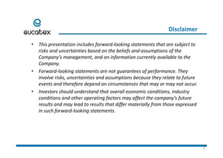 Disclaimer
Thi t ti i l d f d l ki t t t th t bj t t• This presentation includes forward‐looking statements that are subject to 
risks and uncertainties based on the beliefs and assumptions of the 
Company’s management, and on information currently available to the 
Company. 
• Forward‐looking statements are not guarantees of performance. They 
involve risks, uncertainties and assumptions because they relate to futureinvolve risks, uncertainties and assumptions because they relate to future 
events and therefore depend on circumstances that may or may not occur. 
• Investors should understand that overall economic conditions, industry 
diti d th ti f t ff t th ’ f tconditions and other operating factors may affect the company’s future 
results and may lead to results that differ materially from those expressed 
in such forward‐looking statements.
2
 