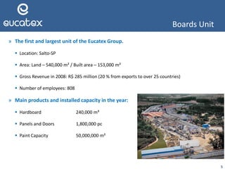 5
» The first and largest unit of the Eucatex Group.
 Location: Salto-SP
 Area: Land – 540,000 m² / Built area – 153,000 m²
 Gross Revenue in 2008: R$ 285 million (20 % from exports to over 25 countries)
 Number of employees: 808
» Main products and installed capacity in the year:
 Hardboard 240,000 m³
 Panels and Doors 1,800,000 pc
 Paint Capacity 50,000,000 m²
Boards Unit
 