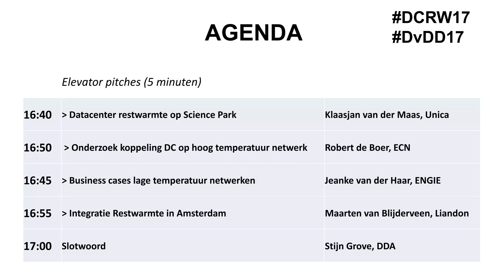 AGENDA
#DCRW17
#DvDD17
Elevator pitches (5 minuten)
16:40 > Datacenter restwarmte op Science Park Klaasjan van der Maas, Unica
16:50 > Onderzoek koppeling DC op hoog temperatuur netwerk Robert de Boer, ECN
16:45 > Business cases lage temperatuur netwerken Jeanke van der Haar, ENGIE
16:55 > Integratie Restwarmte in Amsterdam Maarten van Blijderveen, Liandon
17:00 Slotwoord Stijn Grove, DDA
 
