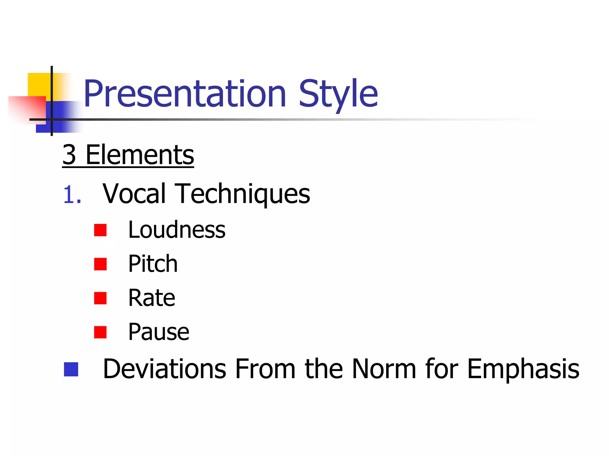 Presentation Style
3 Elements
1. Vocal Techniques
 Loudness
 Pitch
 Rate
 Pause
 Deviations From the Norm for Emphasis
 