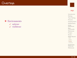 L
ATEX
Introduction
Making
Type Setting
Pictures
Floating Items
Mathematics
Cross
References
New
Commands
References
thebibliography
bibTEX
Project
Errors
L
ATEX Beamer
Supporting
Materials
References
bibTEX
v Create a database containing the details of the books
v Example: 11-bibliography/myref.bib
v Cite the books using cite{keyword}
47 / 60
:
 