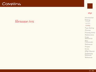 L
ATEX
Introduction
Making
Preamble
Attributes
Compiling
Type Setting
Pictures
Floating Items
Mathematics
Cross
References
New
Commands
References
Project
Errors
L
ATEX Beamer
Supporting
Materials
References
Compiling
filename.tex
12 / 60
:
 