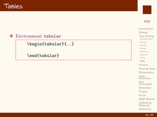 L
ATEX
Introduction
Making
Type Setting
Document Class
Sections
Contents
Spacing
Formatting
Alignment
Listing
Tables
Pictures
Floating Items
Mathematics
Cross
References
New
Commands
References
Project
Errors
L
ATEX Beamer
Supporting
Materials
References
Tables
v Environment tabular
begin{tabular}{..}
end{tabular}
26 / 60
:
 