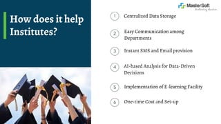 1
2
3
4
5
6
Centralized Data Storage
Easy Communication among
Departments
Instant SMS and Email provision
AI-based Analysis for Data-Driven
Decisions
Implementation of E-learning Facility
One-time Cost and Set-up
How does it help
Institutes?
 
