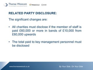 By Your Side. On Your Sidewww.thomaswestcott.co.uk
RELATED PARTY DISCLOSURE:
The significant changes are:
? All charities must disclose if the member of staff is
paid ?60,000 or more in bands of ?10,000 from
?60,000 upwards
? The total paid to key management personnel must
be disclosed
 
