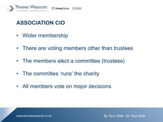 By Your Side. On Your Sidewww.thomaswestcott.co.uk
ASSOCIATION CIO
? Wider membership
? There are voting members other than trustees
? The members elect a committee (trustees)
? The committee runs the charity
? All members vote on major decisions
 