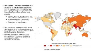 • The Global Climate Risk Index 2021
analyses to what extent countries
and regions have been affected by
impacts of weather-related loss
events:
• storms, floods, heat waves etc.
• Human impacts (fatalities)
• Direct economic losses.
• The countries and territories most
affected in 2019 were Mozambique,
Zimbabwe and Bahamas.
• For the period of 2000 to 2019
Puerto Rico, Myanmar and Haiti
ranked the highest.
Source: German Watch
 