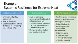 Example:
Systemic Resilience for Extreme Heat
Institutional Framework:
• Extreme heat policy
framework
• Heat Action Plans
• Chief Heat Officer (official
dedicated to addressing
heat-related risks)
Communications:
• Awareness raising
campaigns on heat related
risks associated to:
• Human health, economy
& jobs, social dynamics
and everyday life
• Heatwave categorization
and naming systems
On the Ground Actions:
• Cool roofs and pavements
• Nature based Solutions
• New green spaces
• Urban Biodiversity
conservation and
restoration
• Green Roofs
• Urban Gardens
• Food Security
• Poverty alleviation
• Gender equality
 