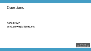 Questions
Anna Brown
anna.brown@aequita.net
AEQUITA
CONSULTING LLC
 