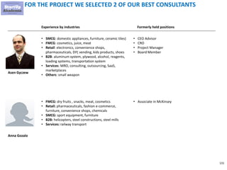 131
FOR THE PROJECT WE SELECTED 2 OF OUR BEST CONSULTANTS
• SMCG: domestic appliances, furniture, ceramic tiles)
• FMCG: cosmetics, juice, meat
• Retail: electronics, convenience shops,
pharmaceuticals, DIY, vending, kids products, shoes
• B2B: aluminum system, plywood, alcohol, reagents,
loading systems, transportation system
• Services: MRO, consulting, outsourcing, SaaS,
marketplaces
• Others: small weapon
• CEO Advisor
• CRO
• Project Manager
• Board Member
Asen Gyczew
Experience by industries Formerly held positions
• FMCG: dry fruits , snacks, meat, cosmetics
• Retail: pharmaceuticals, fashion e-commerce,
furniture, convenience shops, chemicals
• SMCG: sport equipment, furniture
• B2B: helicopters, steel constructions, steel mills
• Services: railway transport
• Associate in McKinsey
Anna Gozalo
 
