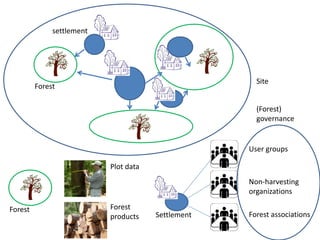 User groups
Non-harvesting
organizations
Forest associationsSettlement
Site
Forest
Forest
Plot data
Forest
products
settlement
(Forest)
governance
 