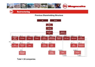Previous Shareholding Structure
RISA
REFRATÁRIOS
RISA MATERIALS
CERÂMICOS
CERÂMICA
SÃO
CAETANO
FRUTMAG CEPALI Refratec
RASA
(Argentina)
REFRATEC
PARTICIPAÇÕES
MAGNESITA
SERVICE SÀO JOSÉ MSA INFOR
PARAÍSODERBY
ILIAMA
(Portugal)
BERNHANDT
(Portugal)
MSA
SERVICE
MSA
AGROPECUÁRIA
BERNHANDT
(Spain)
IKERA
REMSA
(Argentina)
ILIAMA
(Spain)
MAGNESITA
S.A.
MINORITY
SHAREHOLDERS
Partimag
GP Gávea
RPAR
Holding S.A.
100% 95% 100% 100% 100% 100% 100% 100% 100% 100%
34%
66% 100% 100% 100% 100% 98% 100%
100% 100% 99.9755% 97.9769%
1.9653%0.0122%
Total = 24 companies
 