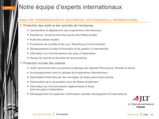 Notre équipe d’experts internationaux ANALYSE, COORDINATION ET GESTION DE VOS RISQUES A L’INTERNATIONAL Protection des actifs et des activités de l’entreprise Coordination et déploiement des programmes internationaux Assistance, conseil et services auprès des filiales locales Audit des polices locales Procédures de contrôle et de suivi, Reporting et Communication  Développement d’outils d’information et de gestion à l’international Information sur l’environnement des pays d’implantation Etudes de marché et données de benchmarking Protection sociale des salariés Audit, benchmark des couvertures et pilotage des régimes Prévoyance, Retraite et Santé Accompagnement dans le pilotage de programmes internationaux  Optimisation financière par des montages de réassurance type pooling Optimisation de la souscription pour les filiales localement Information sur l’environnement réglementaire et fiscal  dans les pays d’implantation Développement de systèmes d’information orientés clients/gestion à l’international  Nos expertises JANVIER 2012 
