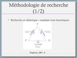 Méthodologie de recherche
(1/2)
• Recherche en didactique : examiner trois heuristiques

Duplessis, 2007 : 8
10

 