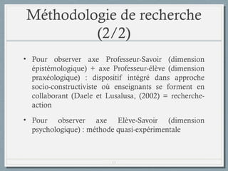 Méthodologie de recherche
(2/2)
• Pour observer axe Professeur-Savoir (dimension
épistémologique) + axe Professeur-élève (dimension
praxéologique) : dispositif intégré dans approche
socio-constructiviste où enseignants se forment en
collaborant (Daele et Lusalusa, (2002) = rechercheaction
• Pour observer axe Elève-Savoir (dimension
psychologique) : méthode quasi-expérimentale

11

 