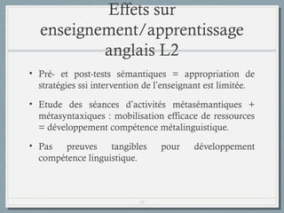 Effets sur
enseignement/apprentissage
anglais L2
• Pré- et post-tests sémantiques = appropriation de
stratégies ssi intervention de l’enseignant est limitée.
• Etude des séances d’activités métasémantiques +
métasyntaxiques : mobilisation efficace de ressources
= développement compétence métalinguistique.
• Pas
preuves
tangibles
compétence linguistique.

19

pour

développement

 