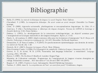 Bibliographie
•
•
•
•
•
•
•
•
•
•
•
•
•

Bailly, D. (1998). Les mots de la didactique des langues. Le cas de l’anglais. Paris: Ophrys.
Chevallard, Y. (1985). La transposition didactique. Du savoir savant au savoir enseigné. Grenoble: La Pensée
sauvage.
Chini, D. (2008). Approche actionnelle, plurilinguisme et conceptualisation linguistique. In Chini, D. et
Goutéraux, P. (Eds.), Psycholinguistique et didactique des langues étrangères. Travaux du GEPED en hommage à
Danielle Bailly (p. 5‑18). Paris: Ophrys.
Dabène, L. (1992). Le développement de la conscience métalinguistique  : un objectif commun pour
l’enseignement de la langue maternelle et des langues étrangères. Repères, 6, 13‑21.
Daele, A., & Lusalusa, S. (2002). Quels nouveaux rôles pour les formateurs d’enseignants  ? In D. Peraya et B.
Charlier, Technologie et innovation en pédagogie (p. 141‑147). Bruxelles: De Boeck Supérieur.
Demaizière, F., & Narcy-Combes, J. P. (2007). Du positionnement épistémologique aux données de terrain.
Les Cahiers de l’Acedle, (4), 1–20.
Deyrich, M.-C. (2007). Enseigner les langues à l’école. Paris: Ellipses.
Díaz-Corralejo Conde, J. (2004). De l’étrangeté à la complicité. Didáctica (Lengua y literatura), (16), 23–32.
Guiora, A. Z., & Acton, W. R. (1979). Personality and language behaviour  : a restatement. Language
Learning, 29(1), 193‑204.
Heron, J. (1989). The Facilitator’s Handbook. Londres: Kogan Page.
Ministère de l’éducation nationale. Programmes de l’enseignement de langues vivantes étrangères au
collège. Préambule commun. , B.O. hors-série n°7 du 26 avril 2007 4 ‑8 (2007).
Rogers, C. R. (1969). Freedom to Learn. Indianapolis: Merrill Publishing Company.
Tardieu, C. (2010, mars 3). La compréhension de l’oral : un savoir-faire passif  ? Conférence, Angers.
25

 