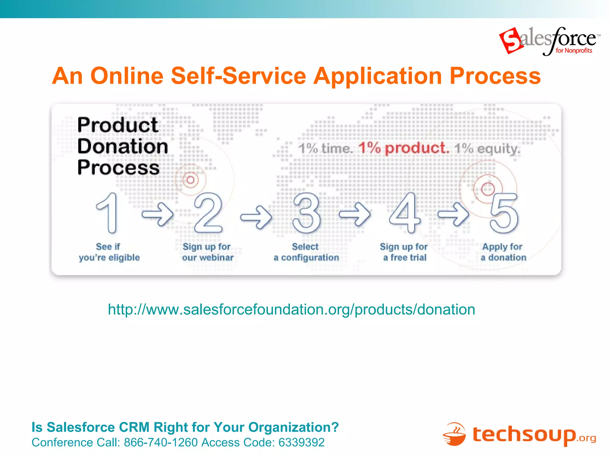 An Online Self-Service Application Process http:// www.salesforcefoundation.org /products/donation 