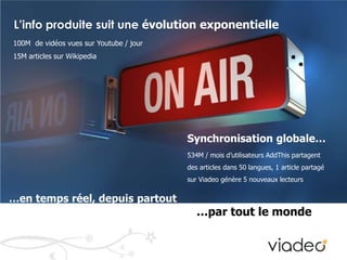 L’info produite suit une évolution exponentielle100M  de vidéos vues sur Youtube / jour 15M articles sur Wikipedia  Synchronisation globale…534M / mois d’utilisateurs AddThis partagent des articles dans 50 langues, 1 article partagé sur Viadeo génère 5 nouveaux lecteurs…en temps réel, depuis partout…par tout le monde