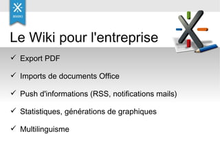 Export PDF Imports de documents Office Push d'informations (RSS, notifications mails) Statistiques, générations de graphiques Multilinguisme Le Wiki pour l'entreprise 