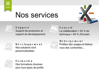 Nos services Support Support de production et support de développement. Développement Nos solutions sont personnalisables  Formation Des formations diverses pour tous types de profils Conseil La collaboration = 20 % de technique + 80 % d'humain Hébergement Profitez des usages et libérez-vous des contraintes...   