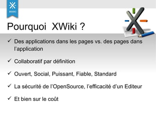 Des applications dans les pages vs. des pages dans l’application Collaboratif par définition Ouvert, Social, Puissant, Fiable, Standard La sécurité de l’OpenSource, l’efficacité d’un Editeur Et bien sur le coût Pourquoi  XWiki ? 