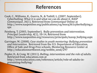 Cook, C., Williams, K., Guerra, N., & Tuthill, L. (2007, September).
  Cyberbulling: What it is and what we can do about it. NASP
  Communiqué, 36(1), Retrieved from Communiqué Online at
  http://www.nasponline.org/publications/cq/mocq361cyberbullying.a
  spx
Feinberg, T. (2003, September). Bully prevention and intervention.
  Principal Leadership, 4(1), 10-14, Retrieved from
  http://www.nasponline.org/resources/principals/nassp_bullying.aspx
Garringer, M. (2008). Case studies in youth mentoring: Bullying prevention
  and intervention. Retrieved from the U.S. Department of Education,
  Office of Safe and Drug-Free schools, Mentoring Resource Center at
  http://educationnorthwest.org/webfm_send/297
Pepler, D., & Craig, W. (2011). Bulling, interventions and the role of adults.
  Retrieved from education.com at
  http://www.education.com/reference/article/role-of-adults-in-
  preventing-bullying/
 