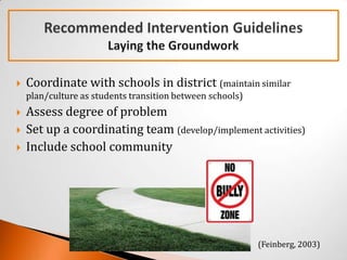    Coordinate with schools in district (maintain similar
    plan/culture as students transition between schools)
   Assess degree of problem
   Set up a coordinating team (develop/implement activities)
   Include school community




                                                           (Feinberg, 2003)
 