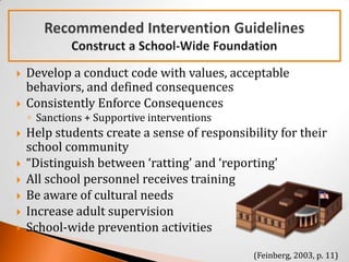    Develop a conduct code with values, acceptable
    behaviors, and defined consequences
   Consistently Enforce Consequences
    ◦ Sanctions + Supportive interventions
   Help students create a sense of responsibility for their
    school community
   “Distinguish between ‘ratting’ and ‘reporting’
   All school personnel receives training
   Be aware of cultural needs
   Increase adult supervision
   School-wide prevention activities

                                              (Feinberg, 2003, p. 11)
 