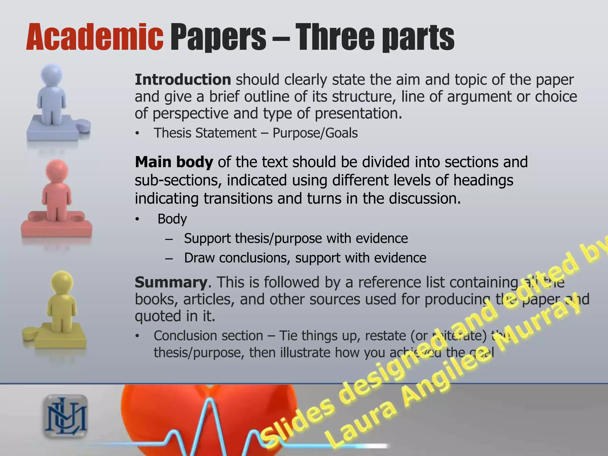 Academic Papers – Three parts
       Introduction should clearly state the aim and topic of the paper and
       give a brief outline of its structure, line of argument or choice of
       perspective and type of presentation.
       •   Thesis Statement – Purpose/Goals

       Main body of the text should be divided into sections and sub-
       sections, indicated using different levels of headings
       indicating transitions and turns in the discussion.
       •   Body
            – Support thesis/purpose with evidence
            – Draw conclusions, support with evidence
       Summary. This is followed by a reference list containing all the
       books, articles, and other sources used for producing the paper and
       quoted in it.
       •   Conclusion section – Tie things up, restate (or reiterate) the
           thesis/purpose, then illustrate how you achieved the goal
 