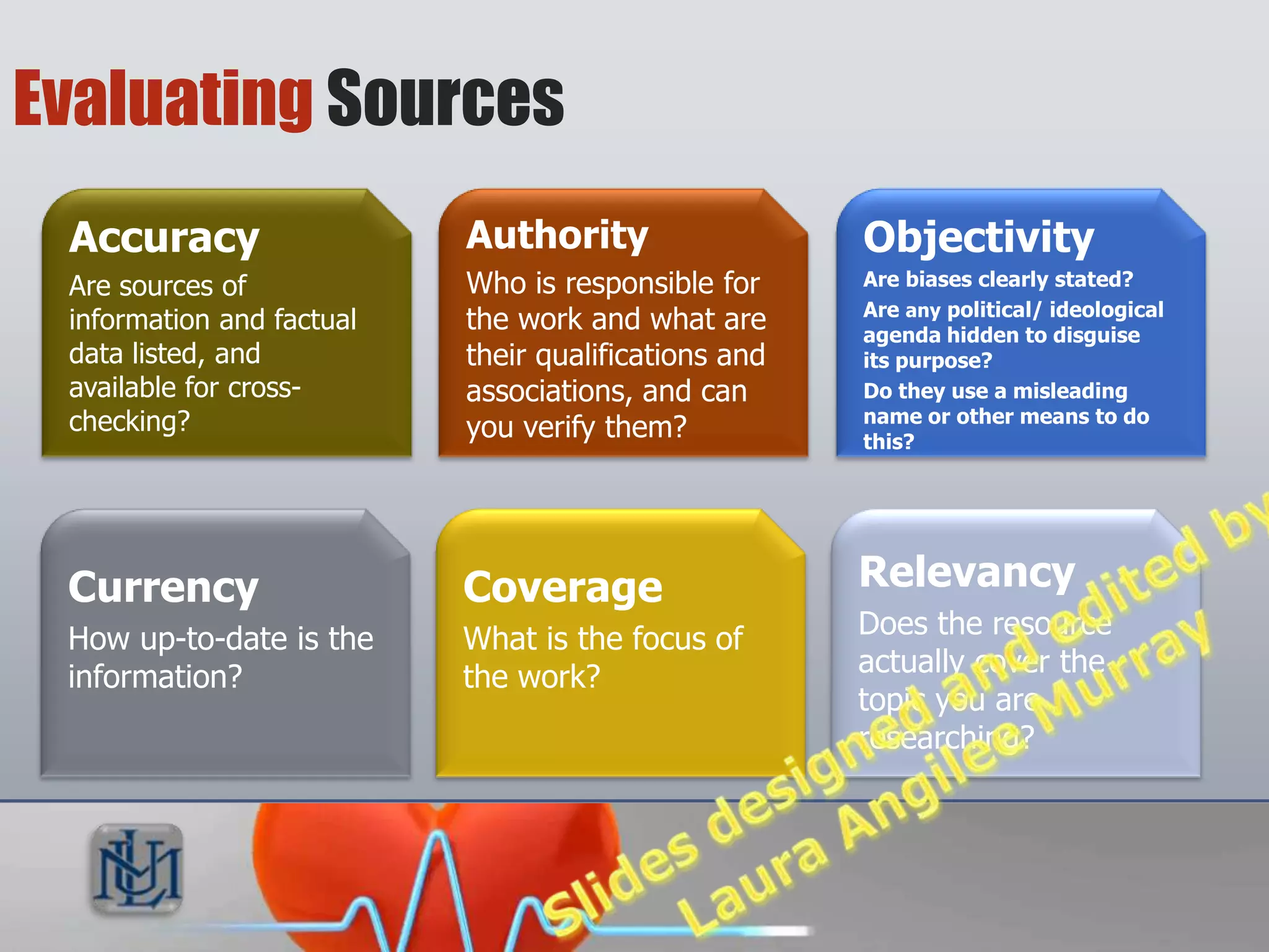 Evaluating Sources
 Accuracy                  Authority                  Objectivity
 Are sources of            Who is responsible for     Are biases clearly stated?
                                                      Are any political/ ideological
 information and factual   the work and what are      agenda hidden to disguise
 data listed, and          their qualifications and   its purpose?
 available for cross-      associations, and can      Do they use a misleading
 checking?                                            name or other means to do
                           you verify them?           this?




 Currency                  Coverage                   Relevancy
 How up-to-date is the     What is the focus of       Does the resource
 information?              the work?                  actually cover the
                                                      topic you are
                                                      researching?
 