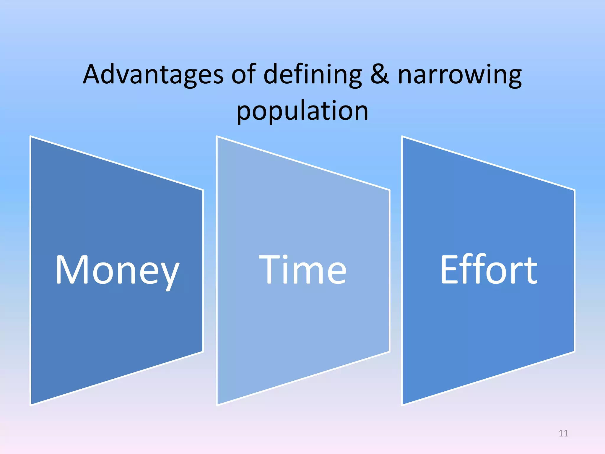 Advantages of defining & narrowing
            population




Money         Time          Effort


                                      11
 