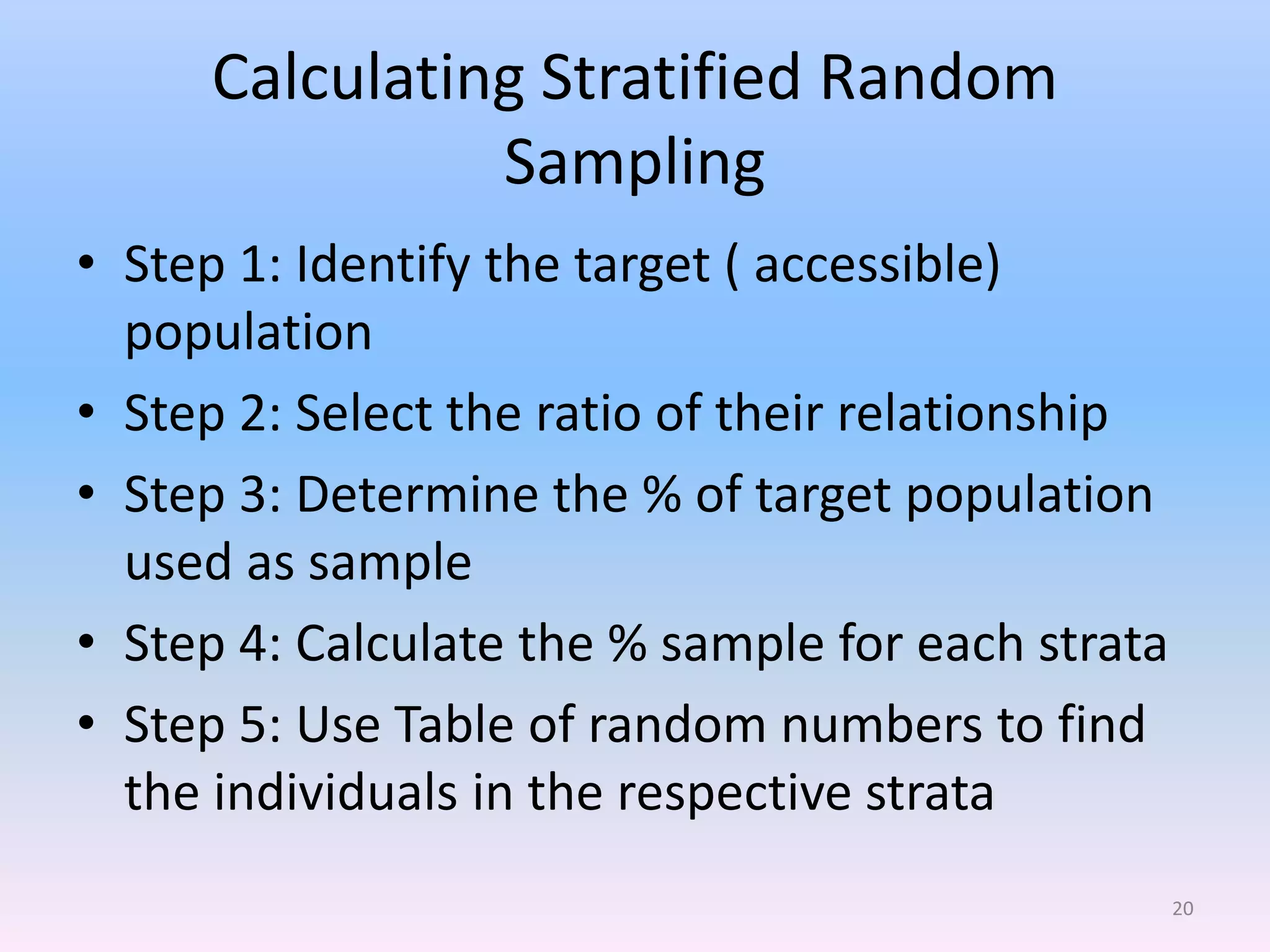 Calculating Stratified Random
               Sampling
• Step 1: Identify the target ( accessible)
  population
• Step 2: Select the ratio of their relationship
• Step 3: Determine the % of target population
  used as sample
• Step 4: Calculate the % sample for each strata
• Step 5: Use Table of random numbers to find
  the individuals in the respective strata
                                                   20
 