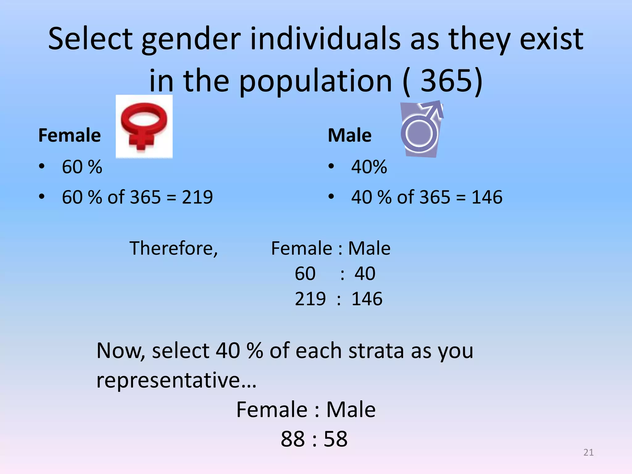 Select gender individuals as they exist
        in the population ( 365)
Female                       Male
• 60 %                       • 40%
• 60 % of 365 = 219          • 40 % of 365 = 146

         Therefore,    Female : Male
                         60 : 40
                         219 : 146

      Now, select 40 % of each strata as you
      representative…
                    Female : Male
                        88 : 58                    21
 
