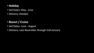 • Holiday
• Sell Dates: May - June
• Delivery: October
• Resort / Cruise
• Sell Dates: June - August
• Delivery: Late November through mid-January
 